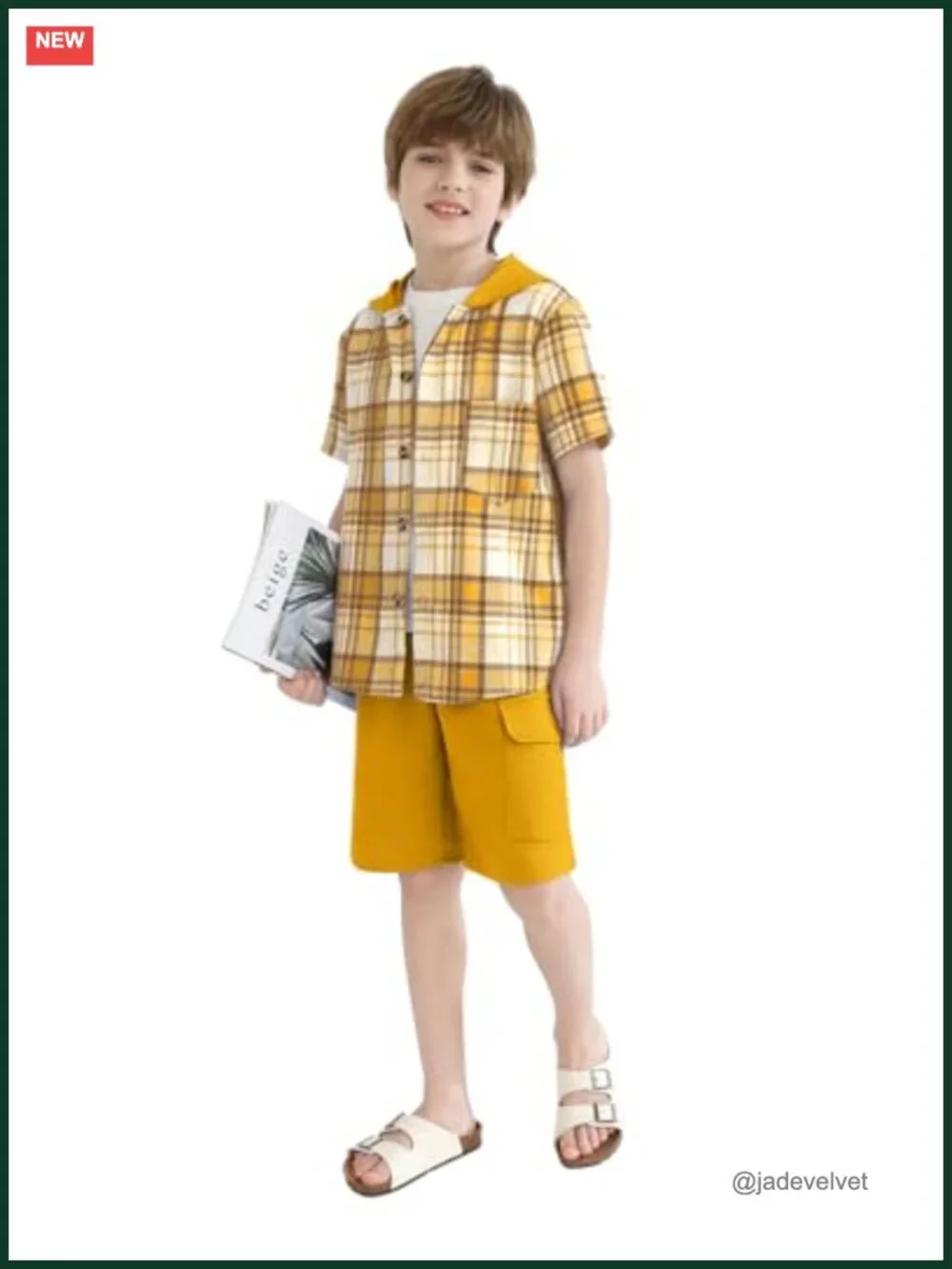 Plaid Short Sleeve Hooded Button Shirt and Jogger Shorts Set for Kids